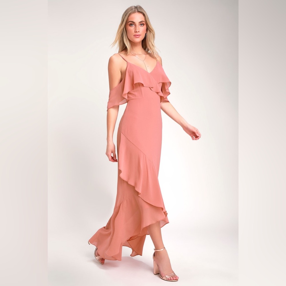 🌹 LULUs Caden Rusty Rose Off-the-Shoulder Ruffled Maxi Dress. MED. Great Cond!
